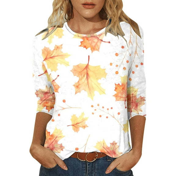 ZhiZhuang Long Sleeve Shirts for Women 2024,Women's Vintage Floral Printed Scoop Neck T-shirt 3/4 Sleeves Tunic Blouse Slim Fit Casual Pullover Tops