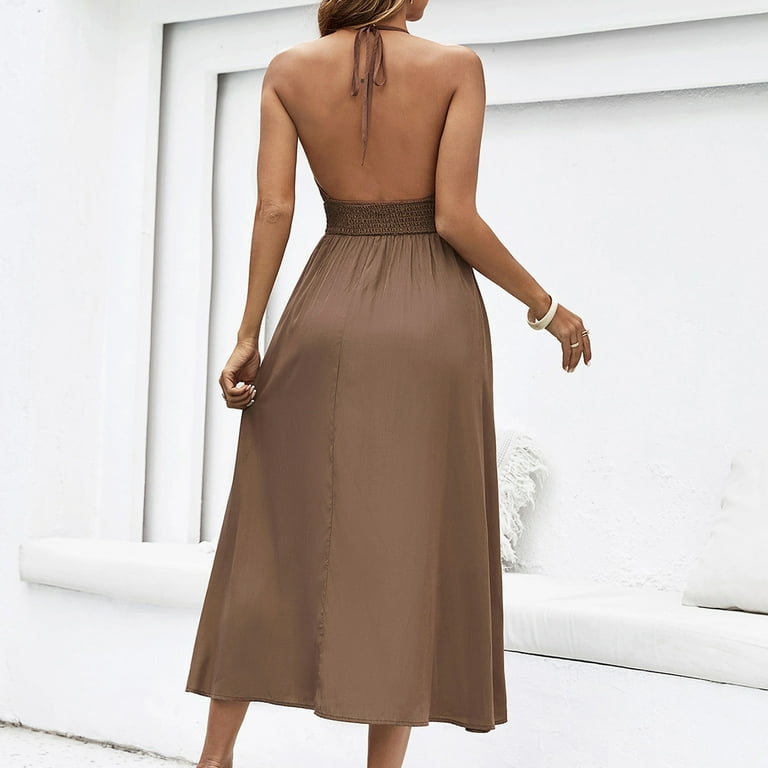 JSKUMAR Women's Spring Summer Elegant Dress Halter Neck V Neck Sleeveless Tie Smocked High Waist Flowy Maxi Dresses Brown,S, Size: Small