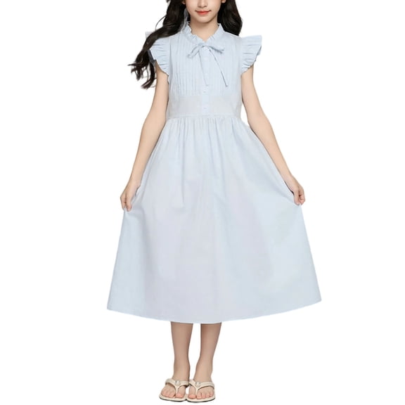 BFHHYA Tween Girls Summer A Line Dress Ruffle Sleeve Flowy Midi Dress with Bow Tie Casual Party Dresses for Girls 8-14 Years
