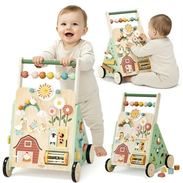 Baby Push Walker, Wooden Baby Walking Toys for 1 Year Old, Adjustable Speed Walker for Baby Boy Girls, Farm Theme Toddler Walker, Montessori Walker Toy, Sit to Stand Walker with Baby Activity Center