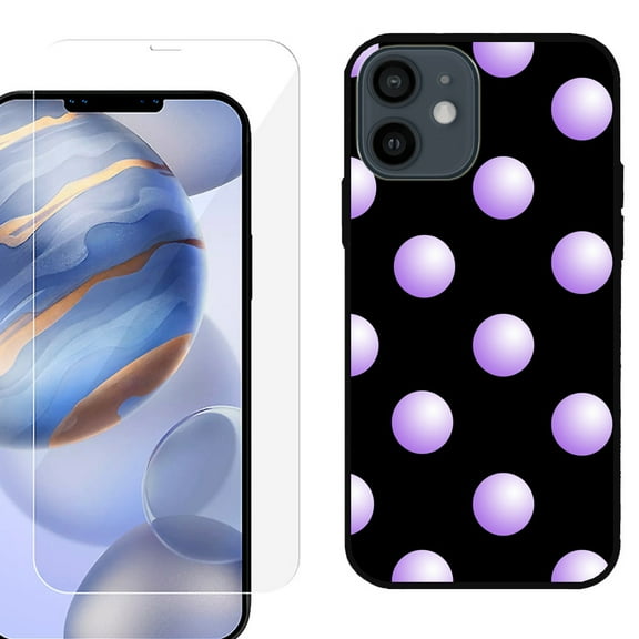 Slim-Fit Protective Phone Case (Black) compatible with iPhone 12 / iPhone 12 Pro, with Tempered Glass Screen Protector, by OneToughShield ® - Polka Dot / Purple