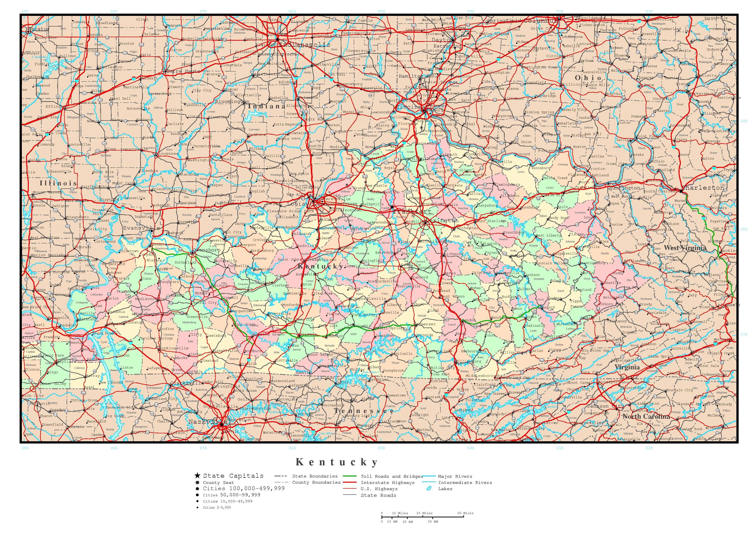 Laminated Map Large Detailed Administrative Map Of Kentucky State  Laminated Map Large Detailed Administrative Map Of Kentucky State