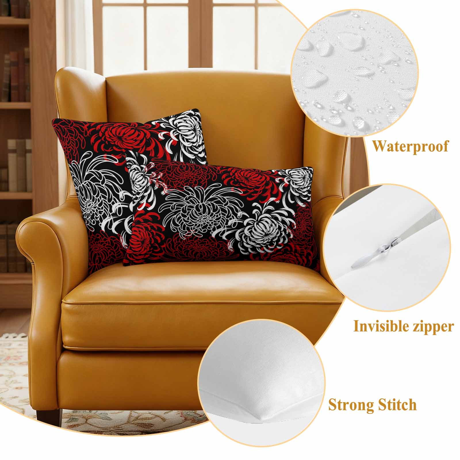 Red White Outdoor Waterproof Pillow Covers, Abstract Black Chrysanthemum Flower Floral Decorative Square Throw Pillowcase Sofa Cushion Sham for Patio/Couch/Chair, 16"x16" 2 Pack