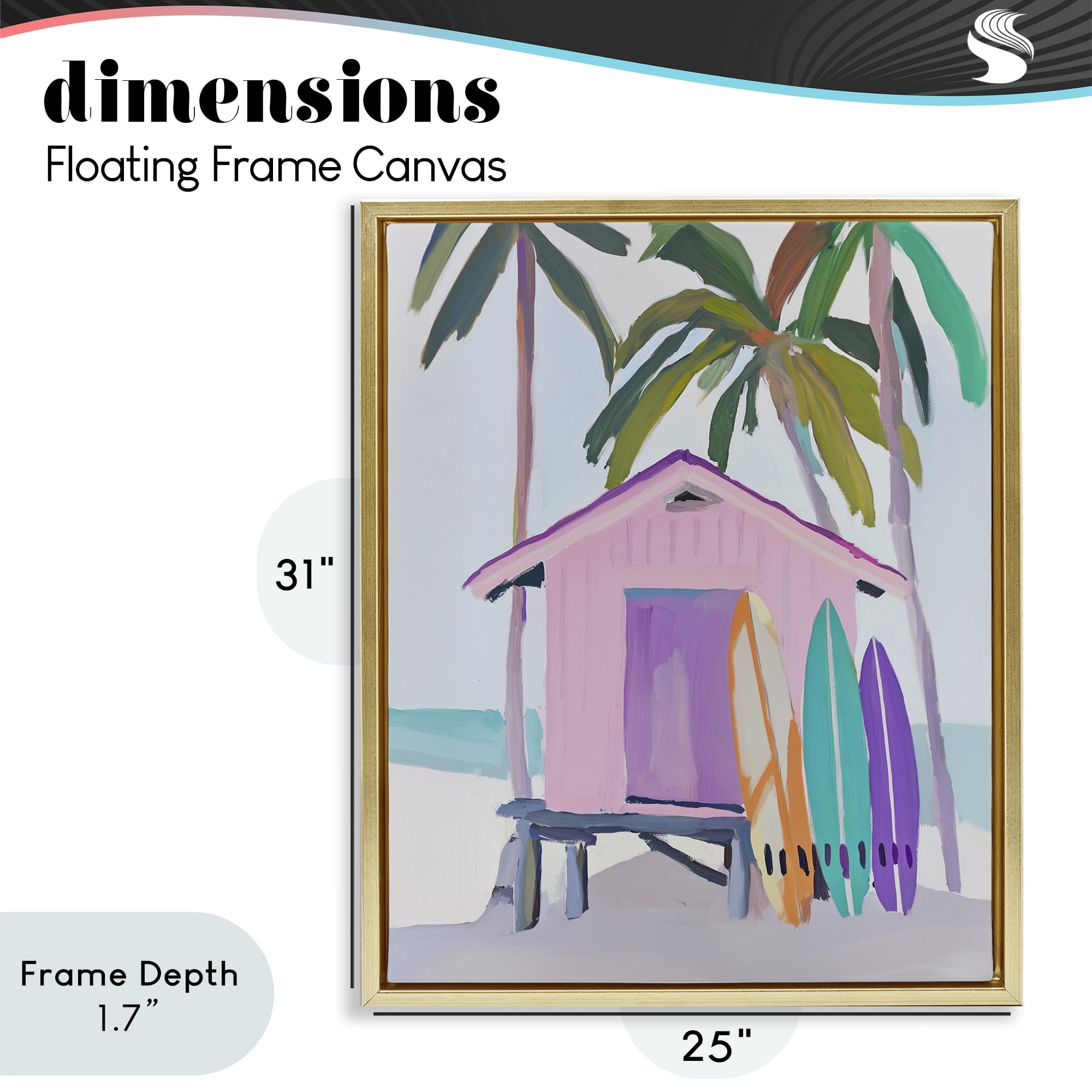 Stupell Industries Pink Beach Hut with Surfboards Gold Framed Floater Canvas Wall Art, design by Sisi and Seb