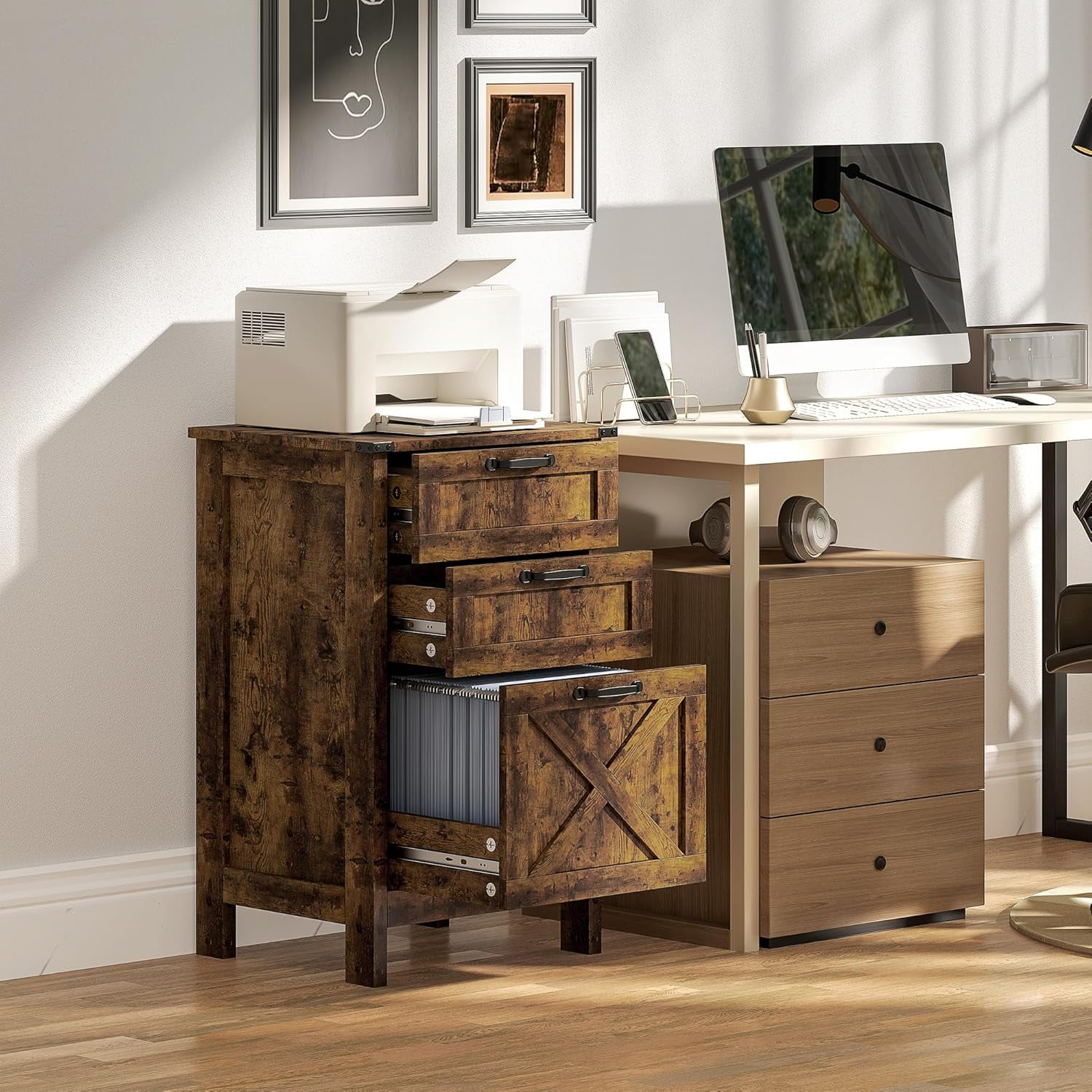3 Drawer File Cabinet with Silent Slides, Vertical Filing Cabinet for Hanging A4/Letter Size, Rustic Farmhouse Printer Stand with Storage for Home Office, Rustic Brown