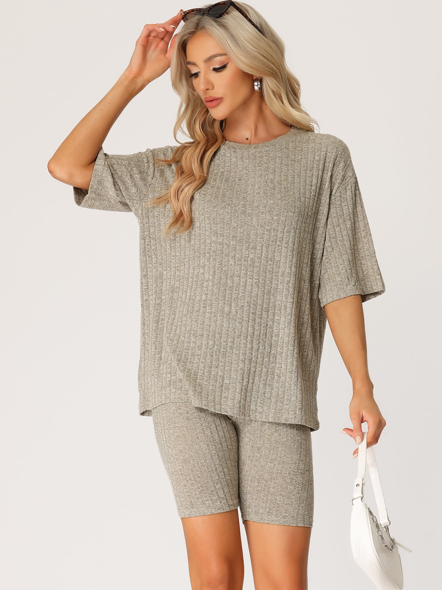DARING DIVA Women's 2-Piece Knit Soft Tracksuit Short Sleeve Sweatshirt Set L Khaki