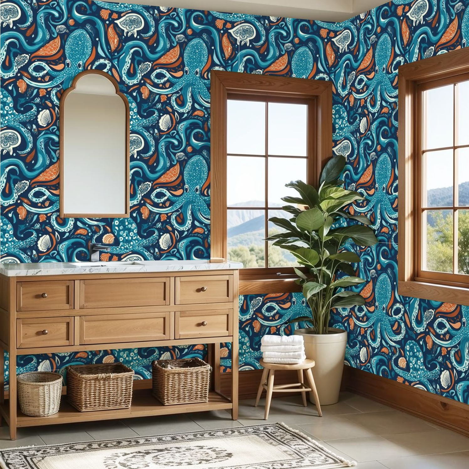 Paisley Peel and Stick Wallpaper 23.6in x 9.8ft Abstract Ocean Design Octopus Marine Life Blue Orange Contact Paper Vinyl Waterproof Self Adhesive Wall Paper for Bedroom Shelf Cabinet Renter Friendly