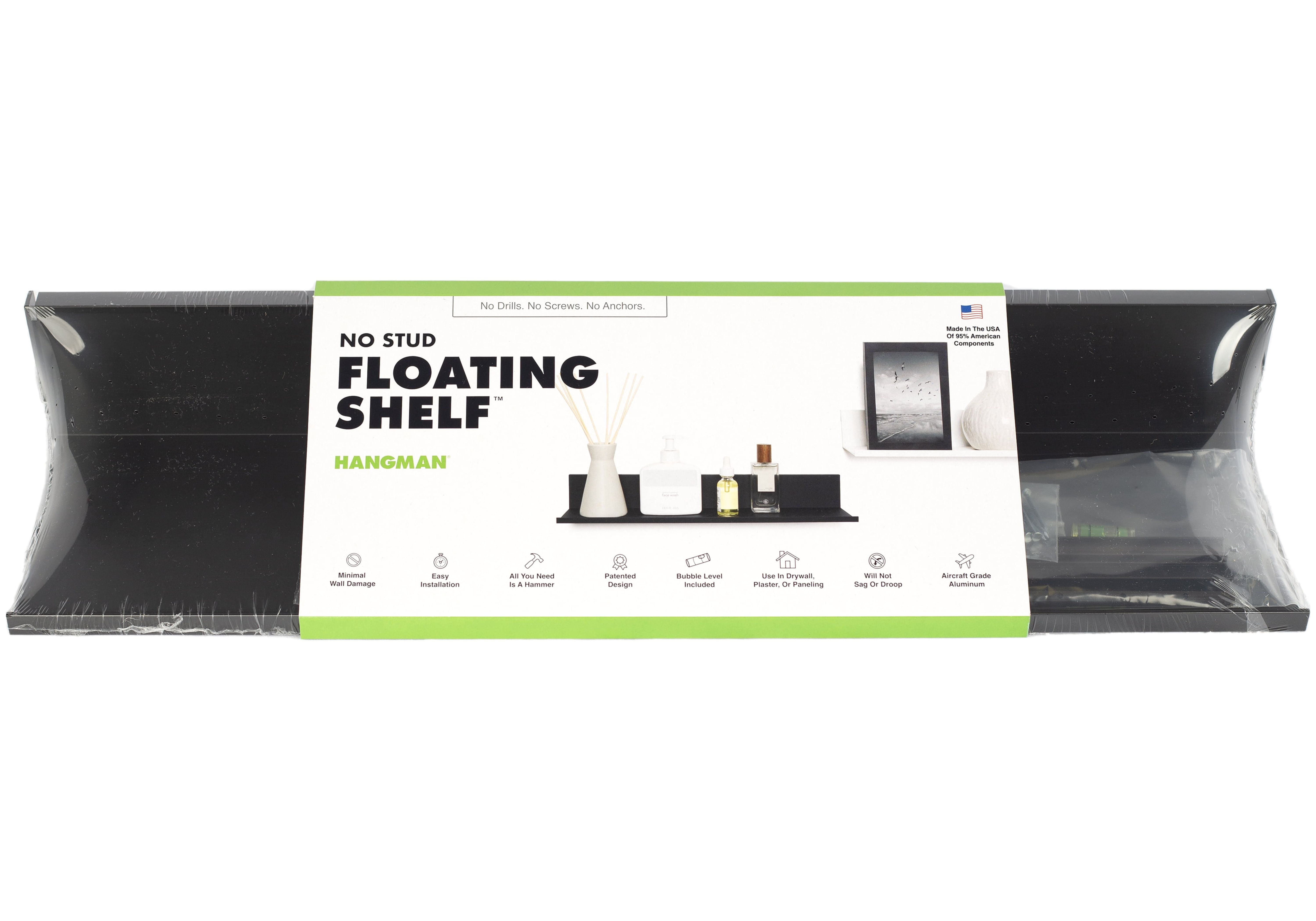 (2 pack) Hangman No Stud Floating Shelf - 18" Black - Aluminum - Level and Hardware Included - No Drills or Anchors Needed