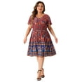thumbnail image 3 of DARING DIVA Plus Size Floral V Neck Smock Waist Bohemian Midi Dress 3X Blue Red, 3 of 6