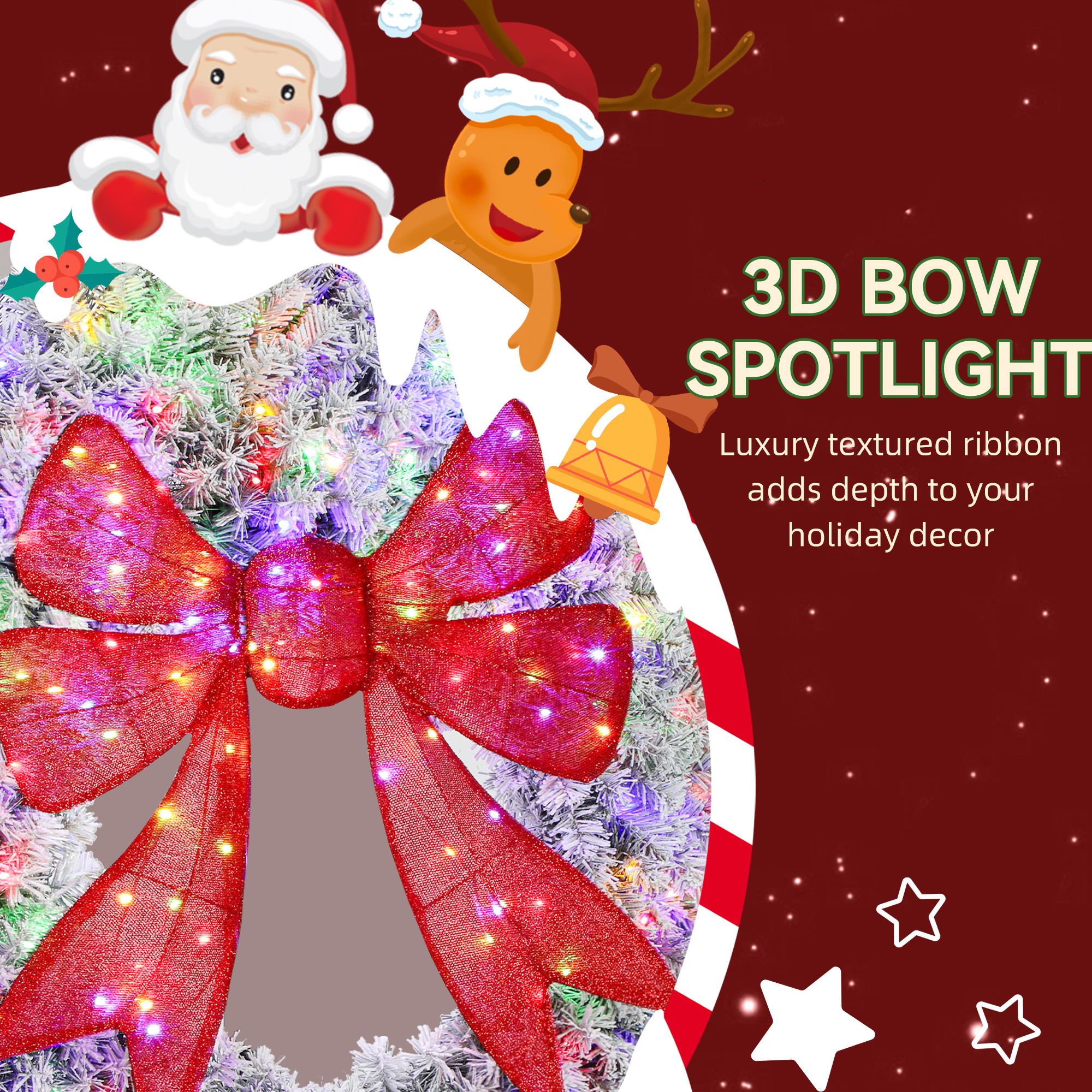 48-Inch Pre-Lit Christmas Wreath with 3D Bow, 200 LED Lights, 11 Lighting Modes, Remote Control, Flocked Front Door Decoration for Indoor and Outdoor Use