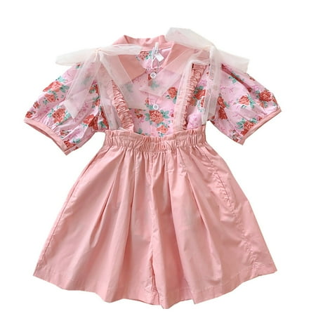 

Cute Summer Toddler Girls Outfits Set Kids Floral Blouse Mesh Lace Up Shorts Set Outdoor Soft Suit For 3-4 Years