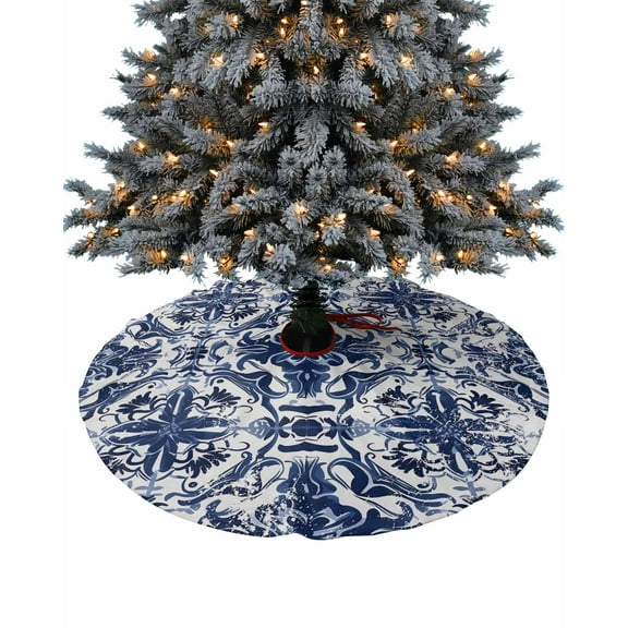 Navy Blue Boho Christmas Tree Skirt 36 Inches Large Christmas Skirt Tree, Ehtnic Abstract Art Modern Geometric Tree Skirt Christmas Decorations for Fireplace Party Holidays Indoor Outdoor