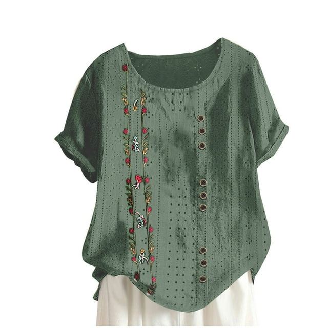 Birdeem Blouses pour Femmes Mode Imprimée Confortable Ample Manches Courtes Blouse Boutonnée Col Rond Décontracté