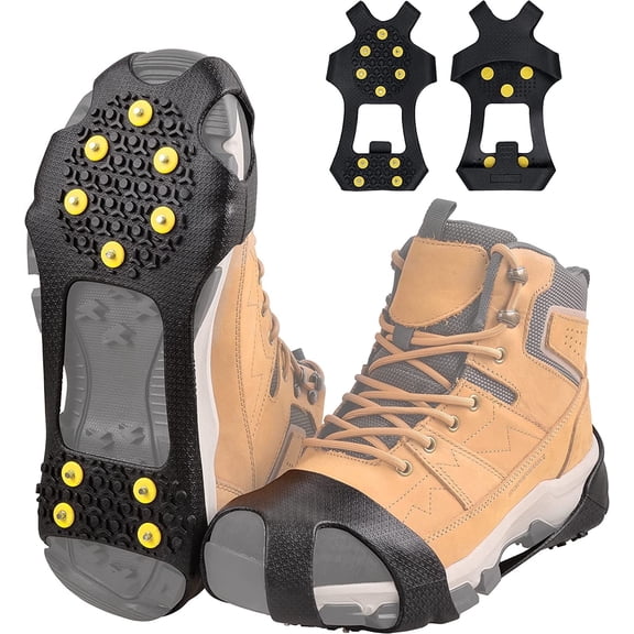 Ice Snow Cleats for Shoes & Boots, 10-Stud Winter Traction Crampons, Anti-Slip Rubber Slip-on Footwear for Men, Women & Kids – Perfect for Ice Fishing, Hiking, Running & Winter Activities, Size L