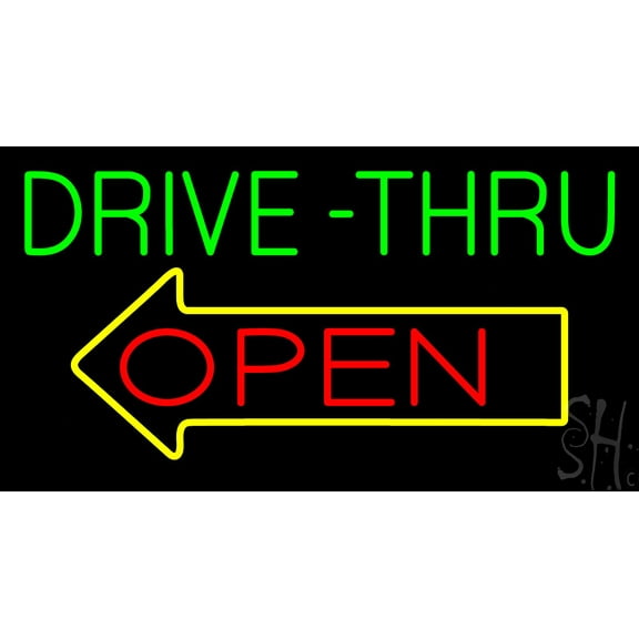 Drive Thru Open with Arrow LED Neon Sign 20 x 37 - inches, Black Square Cut Acrylic Backing, with Dimmer - Bright and Premium built indoor LED Neon Sign for restaurant window and interior decor.