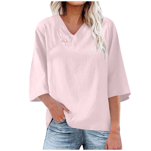 Plebaso Womens 3/4 Sleeve V Neck Tops Casual Loose Blouses Lightweight Solid Color Summer Spring Shirts