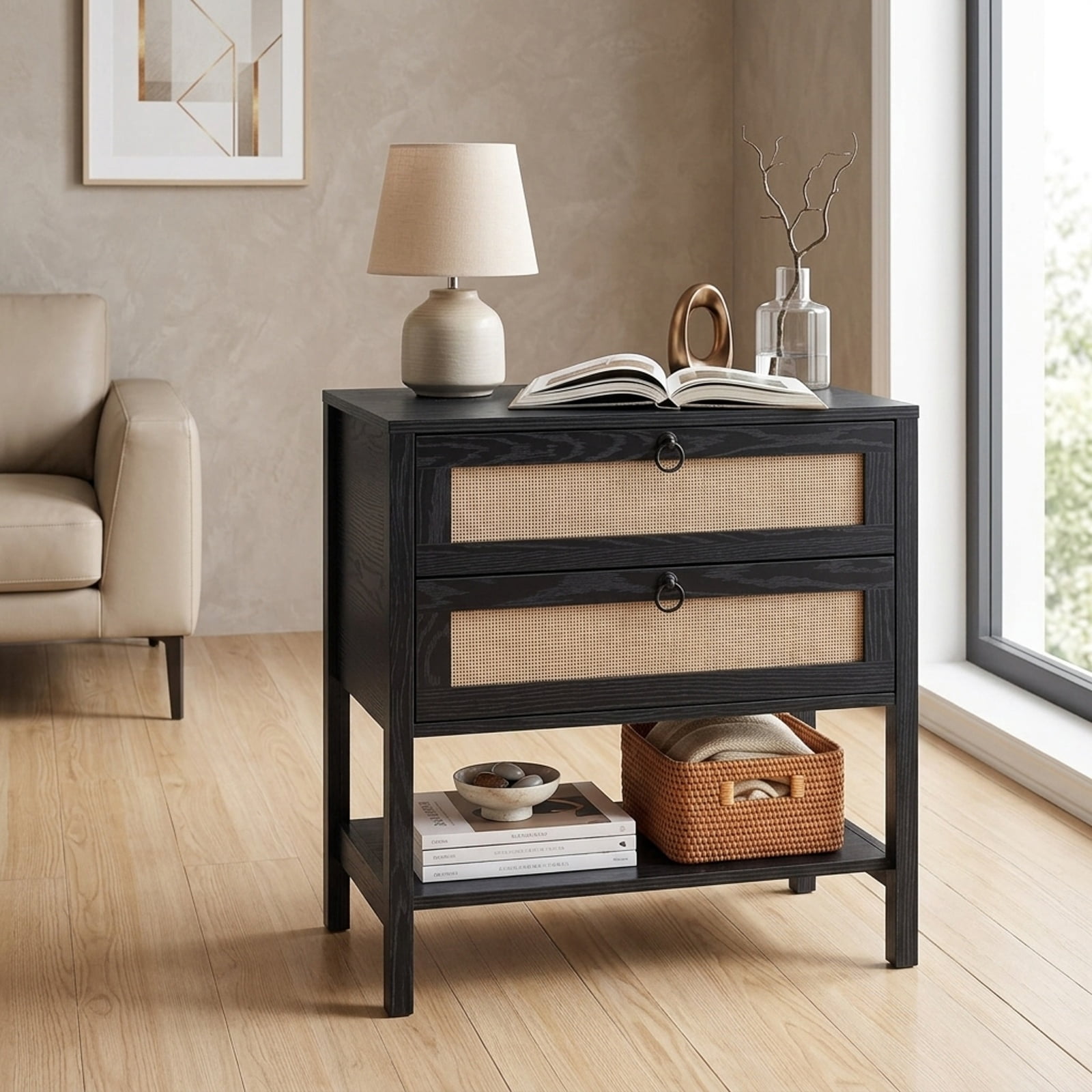 Furnibear Boho Rattan Nightstand with 2 Drawers and Bottom Open Shelf for Bedroom Living Room Bedside Sofa Side Small Space, Black
