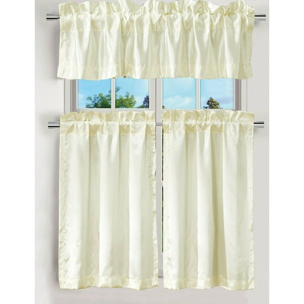 IVORY SATIN 3PC KITCHEN NURSERY SOLID COLOR CURTAIN ...