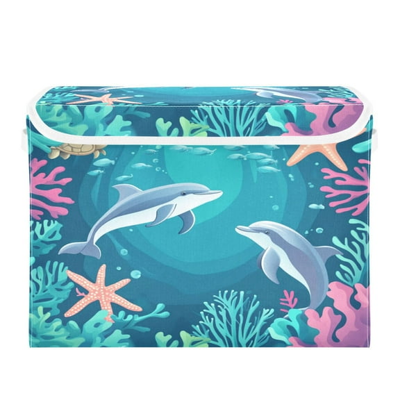 WOBOGO Dolphin Playful Picture Large Collapsible Storage Box Flip Lid Fabric Decorative Organizer Container Basket with Handles 16.5×12.6×11.8in