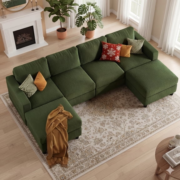 Aukfa 101" Corduroy U-Shaped Sectional Sofa with 2 Ottomans, 6-Seater Cloud Couch, Green