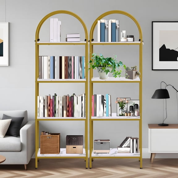 Arched Tall Bookcase - Modern 4-Tier Freestanding Metal Frame Bookshelf - Open Display Shelf - Sleek Space-Saving Design
