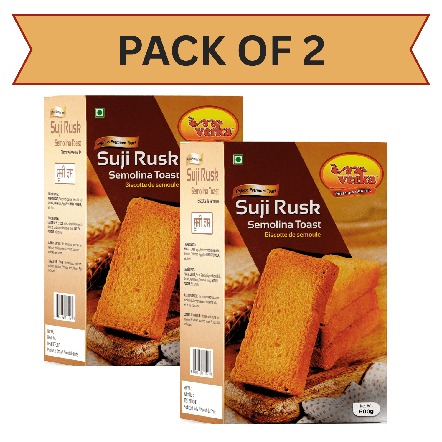 Verka Rusk Verka Eggless Suji Rusk - 600g, Pack Of 2, Classic Semolina Toast ...