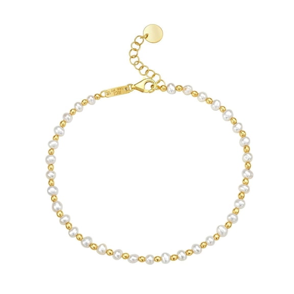 Jewelstop 14K Yellow Gold Polished Finish 3-4mm Pearl Bead Chain Bracelet with Pear Shaped Lobster Clasp - 8"