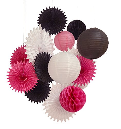 red and black pompom lanterns