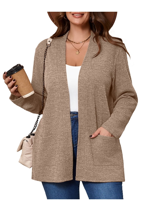 Women's Plus Open Front Fall Cardigan V Neck Sweater Long Sleeve Causal Button Down Soft 3X Latte Warm Knit Cardigan