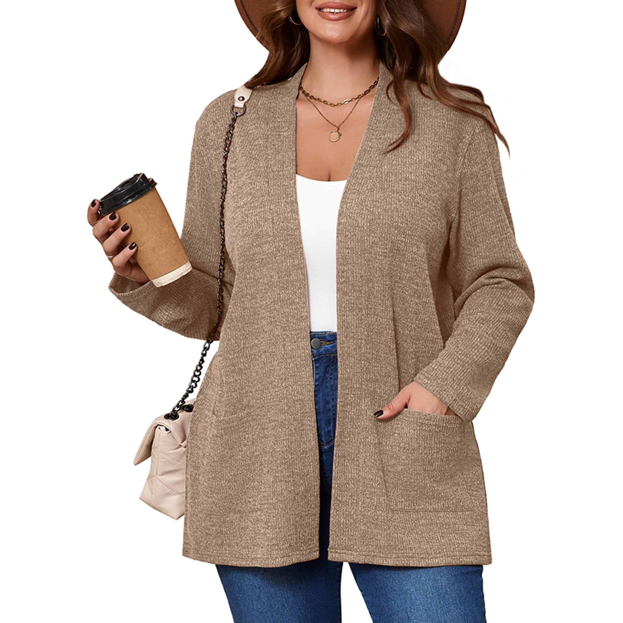 SHOWMALL Women's Plus Open Front Fall Cardigan V Neck Sweater Long Sleeve Causal Button Down Soft 3X Latte Warm Knit Cardigan