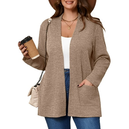 SHOWMALL Women's Plus Open Front Fall Cardigan V Neck Sweater Long Sleeve Causal Button Down Soft 3X Latte Warm Knit Cardigan