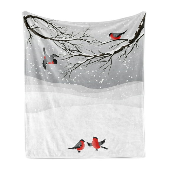 Winter Soft Flannel Fleece Blanket, Winter Season Snow Colorful Happy Birds Cartoon Animals Tranquil Pattern, Cozy Plush for Indoor and Outdoor Use, 70" x 90", Vermilion Grey Black, by Ambesonne