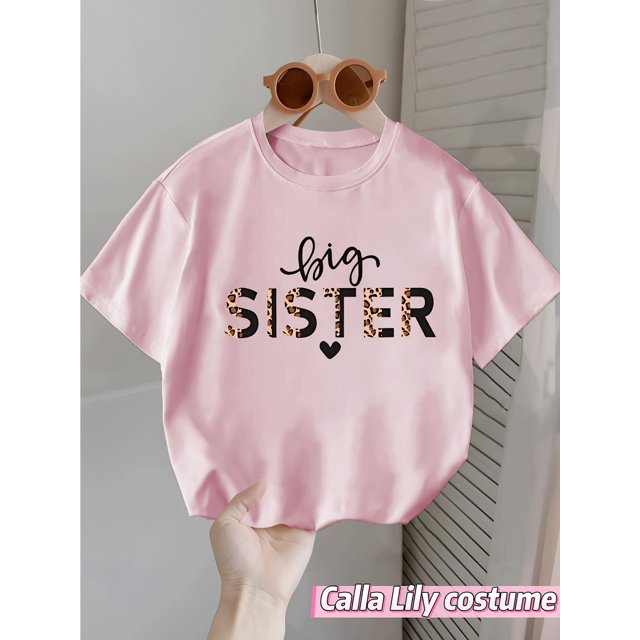 Camiseta informal de verano para niña con estampado de leopardo y diseño de corazón con letras de hermana mayor, cuello redondo y manga corta, algodón blanco, perfecta para atuendos informales o par