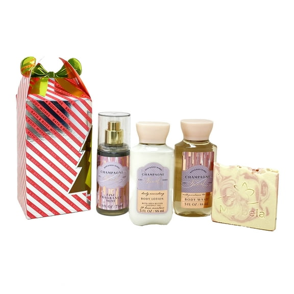 Bath & Body Works Champagne Toast Mini Gift Bag Trio - Fragrance Mist, Body Lotion and Shower Gel with a Himalayan Salts Springs Sample Soap - Travel Size