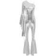 thumbnail image 3 of TiaoBug Women 70s Disco Costume One Shoulder Long Sleeve Bell Bottom Hippie Club Jumpsuit Silver L, 3 of 5