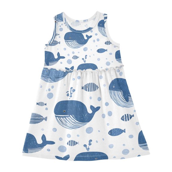 Girls Dress Blue Whale Sleeveless Dress for Girls Hem A-Line Casual Sundress