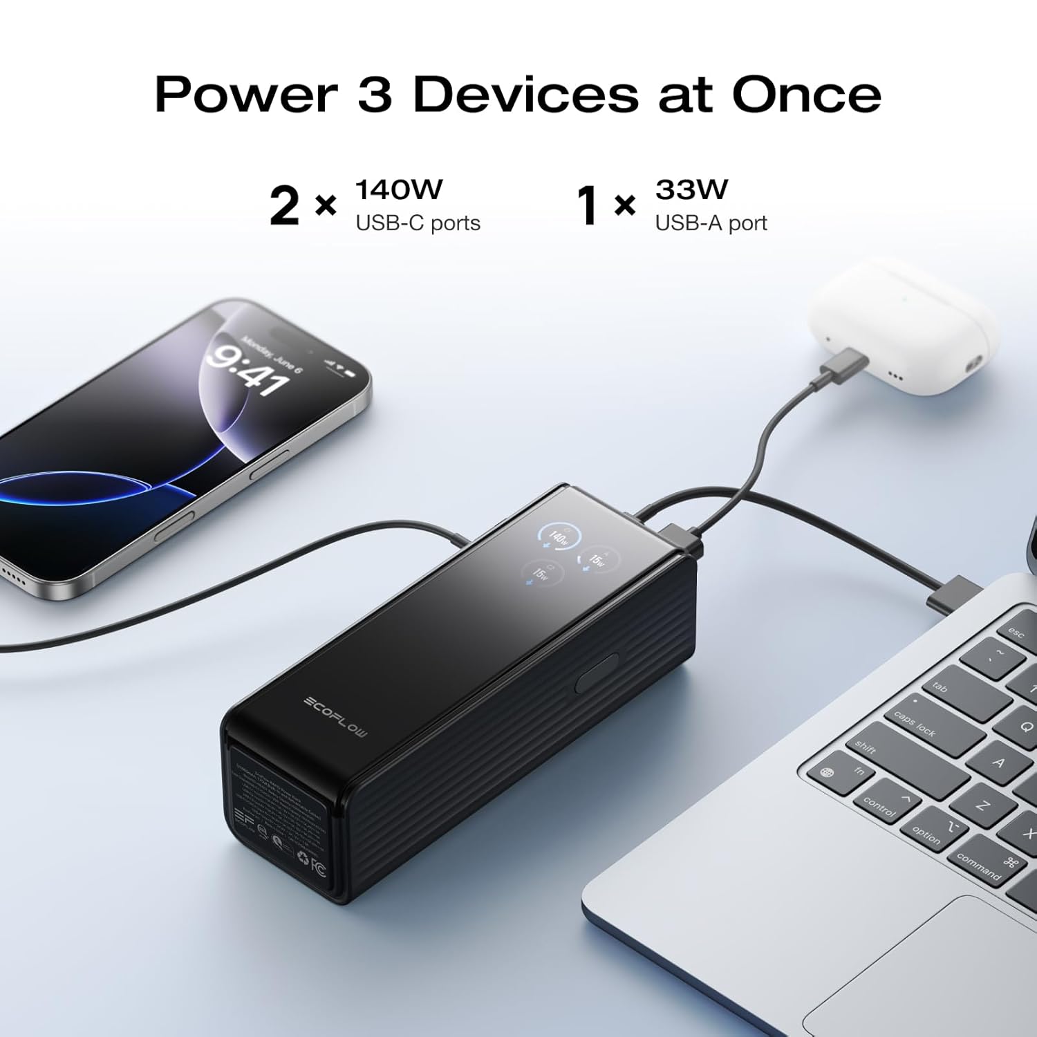 EF EcoFlow Rapid Power Bank 25,000mAh, 170W Portable Charger with Dual 140W USB-C Ports for Multi-Device Charging, Smart TFT Screen, Compatible with iPhone Series, Samsung, Laptop and More (Black)