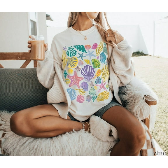Vintage Seashells Tshirt Cotton Cottagecore Aesthetic Shirt Nautical Tee Ocean Swimsuit Coverup Oversized Coastal Surf Shirt