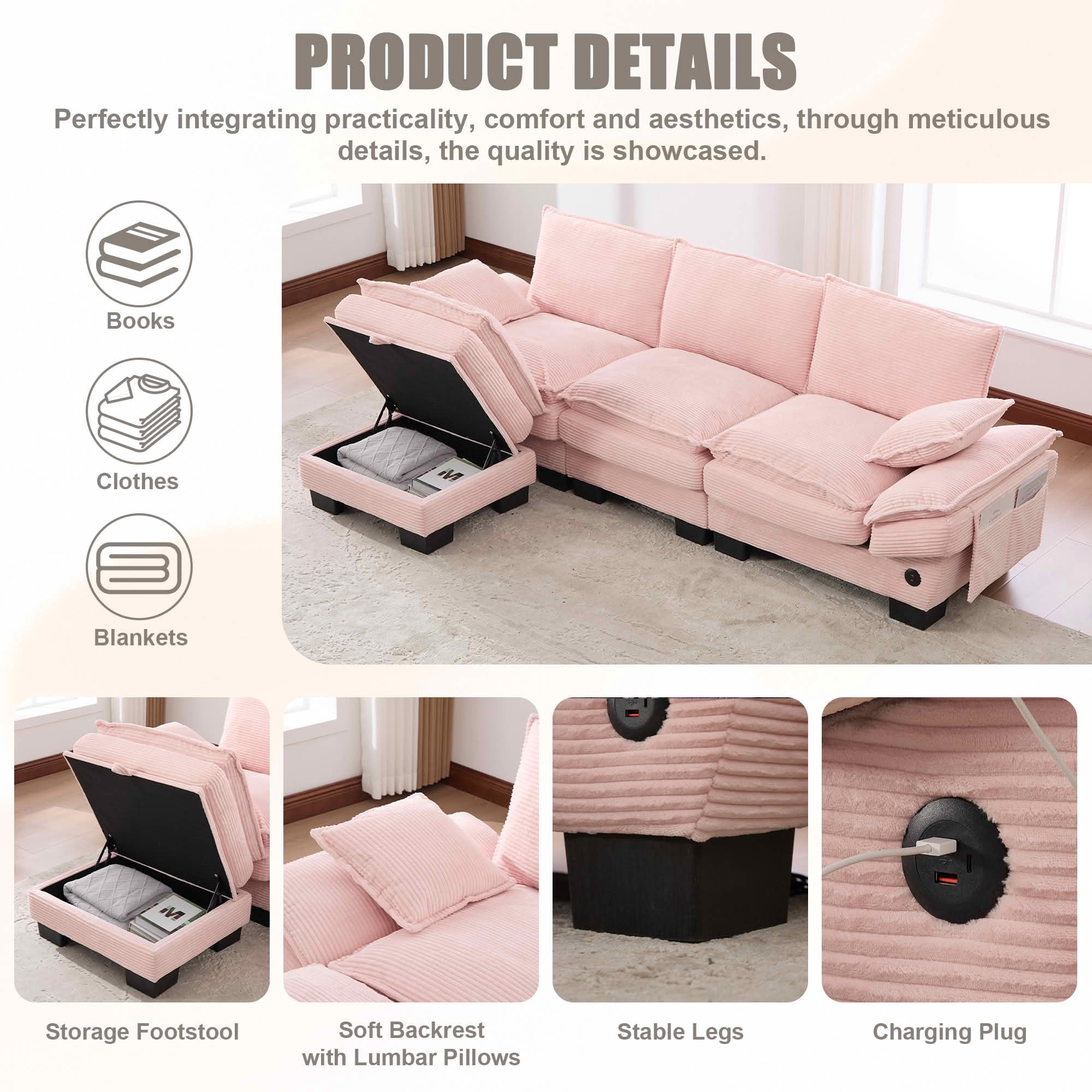 MAYEERTY Ottoman Footstool, Modular Cloud Sofa Footrest with Storage, Soft Corduroy, No Assembly, Pink