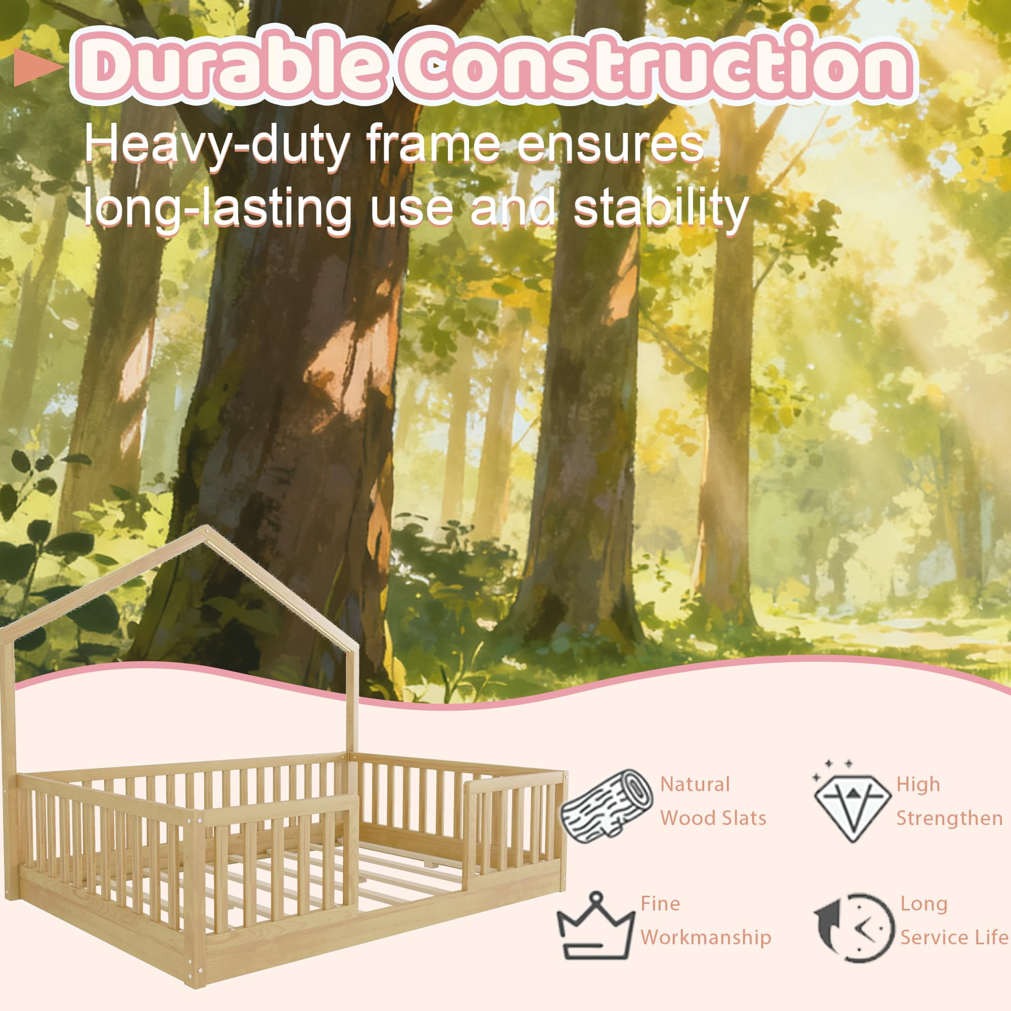 Full Size Montessori Floor Bed with High Rails, Wood House Beds Frame with LED Light, Low Profile Montessori Bed Full with Slats for Kids, Easy to Assembly, Full bed frames Natural