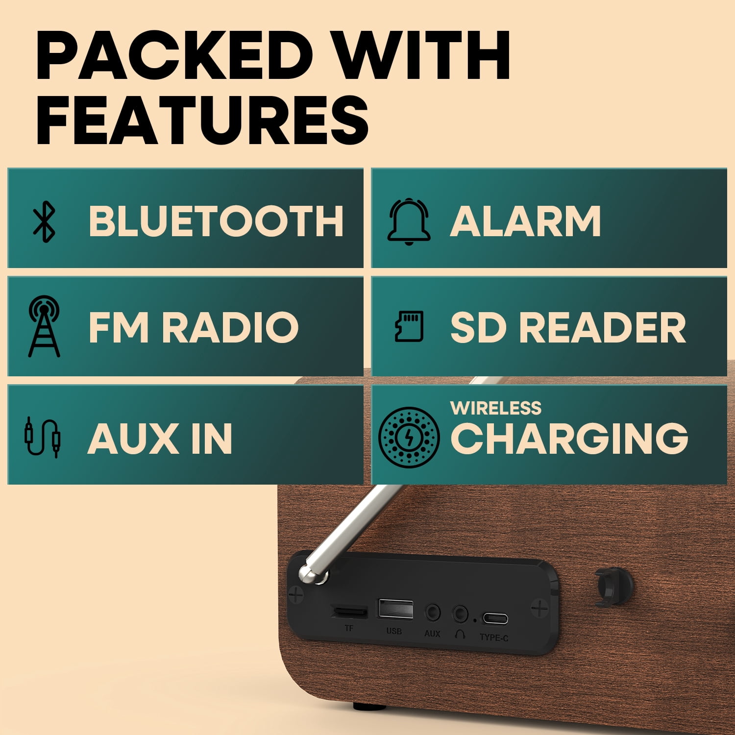 Fuse Hark Bluetooth Radio Speaker | Wireless 10W Charger | FM Radio Speaker with Bluetooth & AUX Input | Alarm Clock | 3 Level Dimmer | Charging Block Included