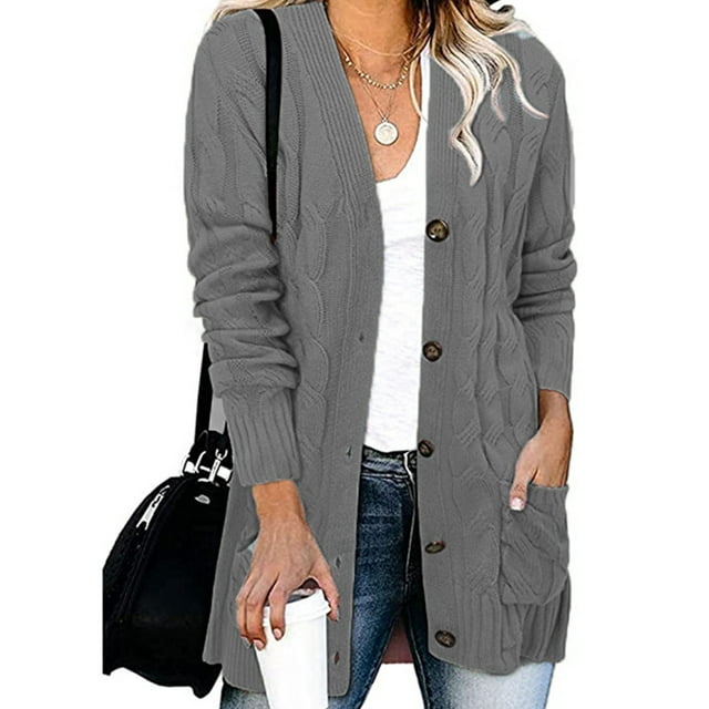 Fashnice Ladies Outwear Open Front Coat Long Sleeve Cardigan Sweater Loose Work Jacket Grey 2XL