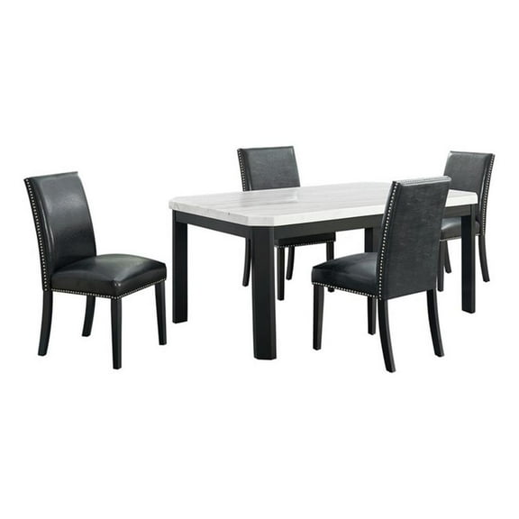 Picket House Celine White Marble 5PC Dining Set with 4 Black Faux Leather Chairs