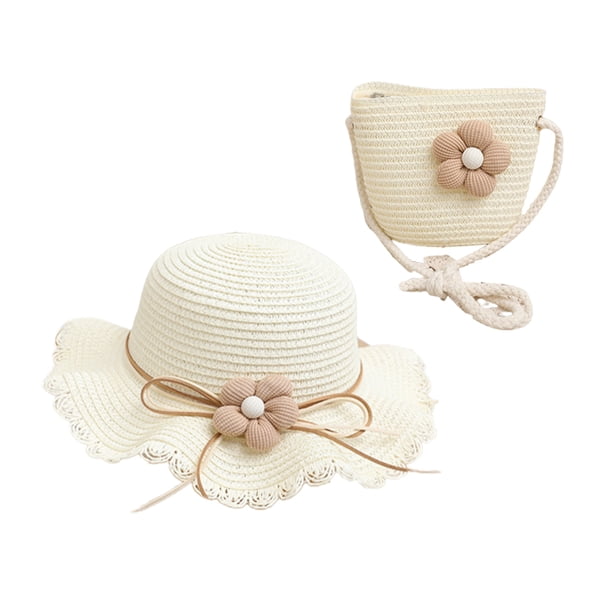 Sombrero de paja con flores y conjunto de bolsa de paja para mujer, de tela transpirable, con circunferencia de 56 a 58 cm, para verano y playa