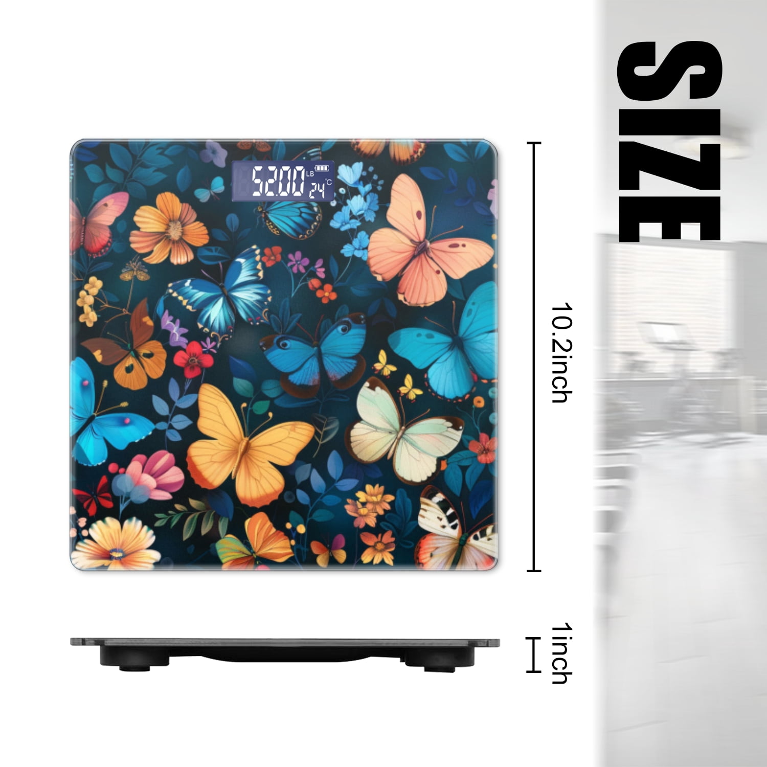 Digital Bathroom Scale with Large LCD Display,High Capacity Scale 400 lbs High Precision body fat scale-Colorful Butterflies And Flowers On Dark Blue Background