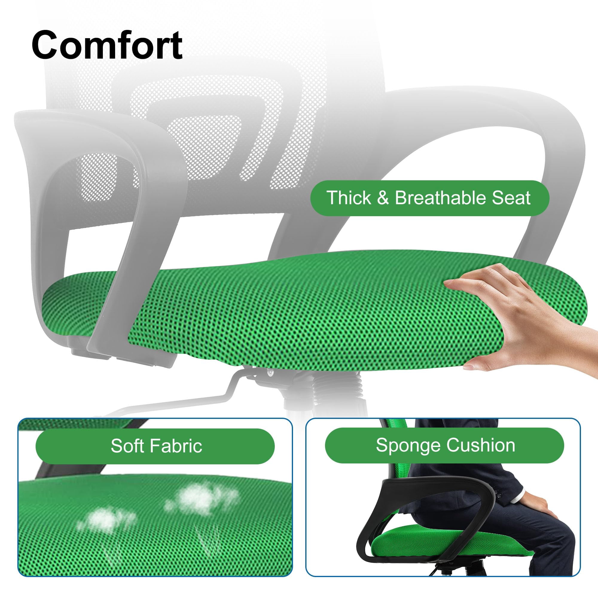 CL.HPAHKL Ergonomic Desk Chair, Mid-Back Mesh Office Chair with Wheels, Rolling Swivel Computer Task Chair for Home Office, Fixed Armrests, Tilt & Height Adjustable, Green