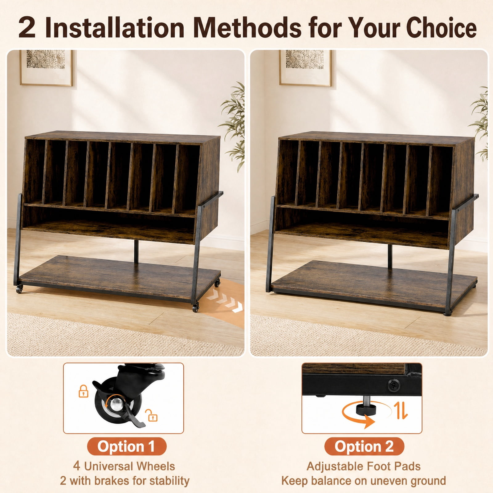 Furnibear Turntable Stand with Charging Station Vinyl Storage Shelves and Locking Wheels for Living Room Record Player Setup, Rustic Brown
