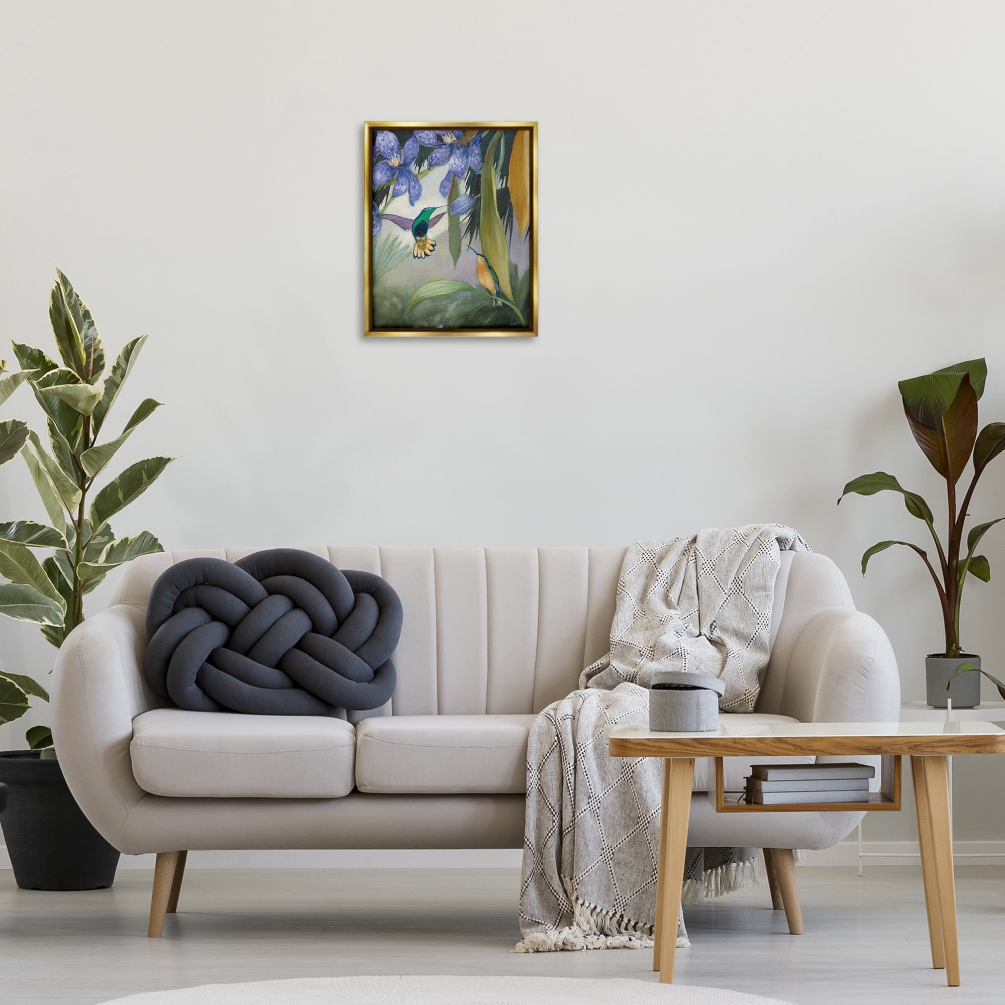 Stupell Industries Hummingbirds in Nature Landscape Painting Gold Floater Framed Canvas Art Print Wall Art, 17 x 21