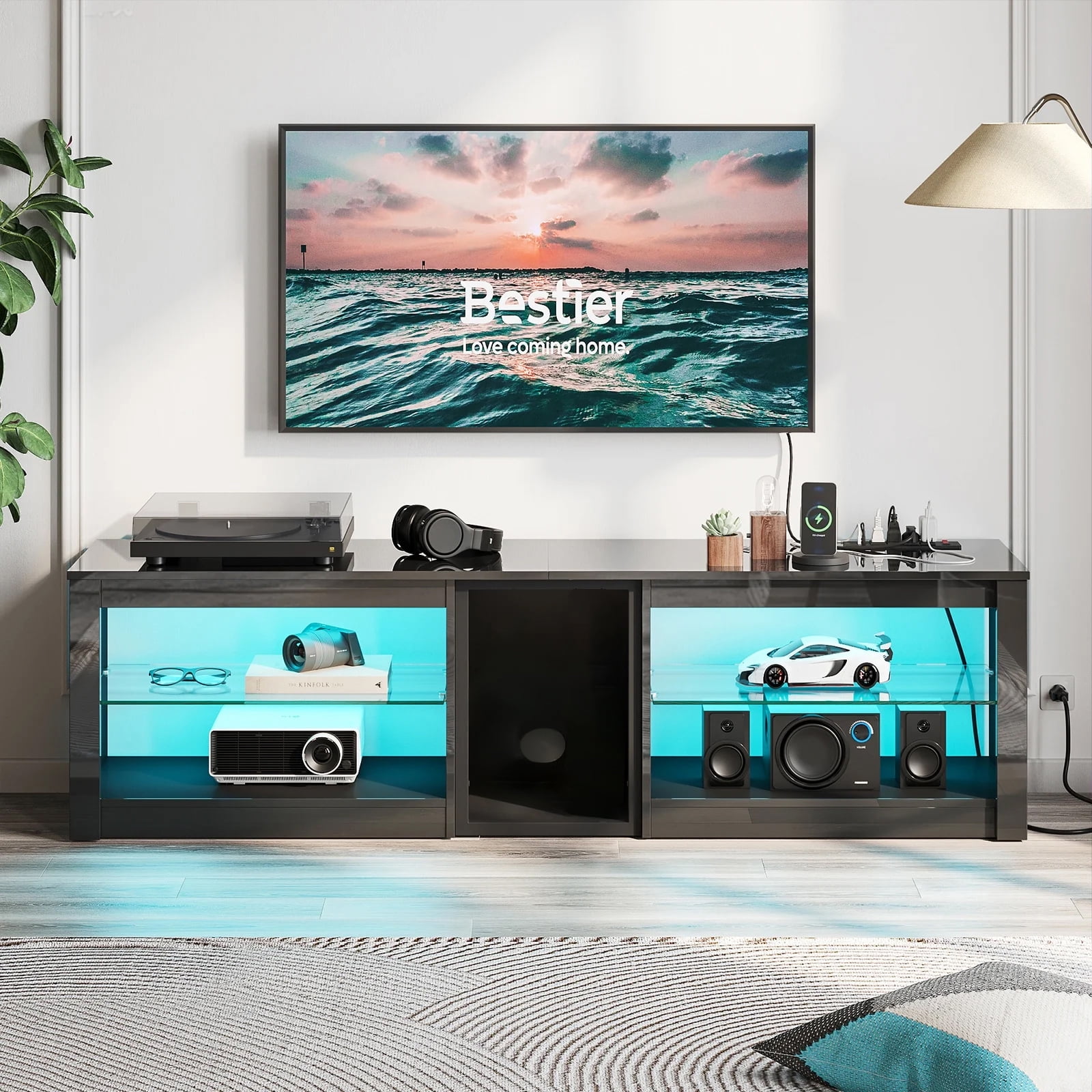 Bestier TV Stand for 70 inch TV with Power Outlets, High Gloss Entertainment Center with LED Lights & Glass Shelves, Glossy Black
