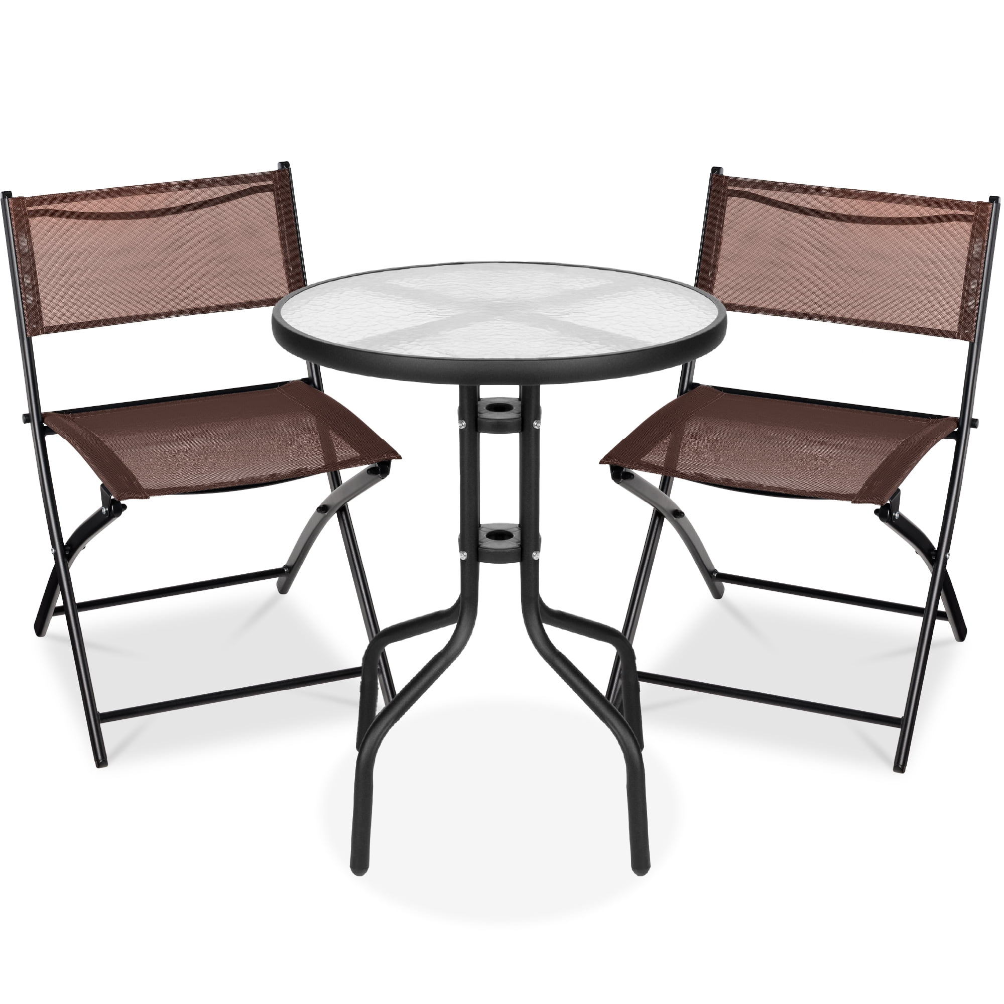 Best Choice Products 3-Piece Patio Bistro Dining Furniture Set w/ Glass Tabletop, Folding Chairs - Brown